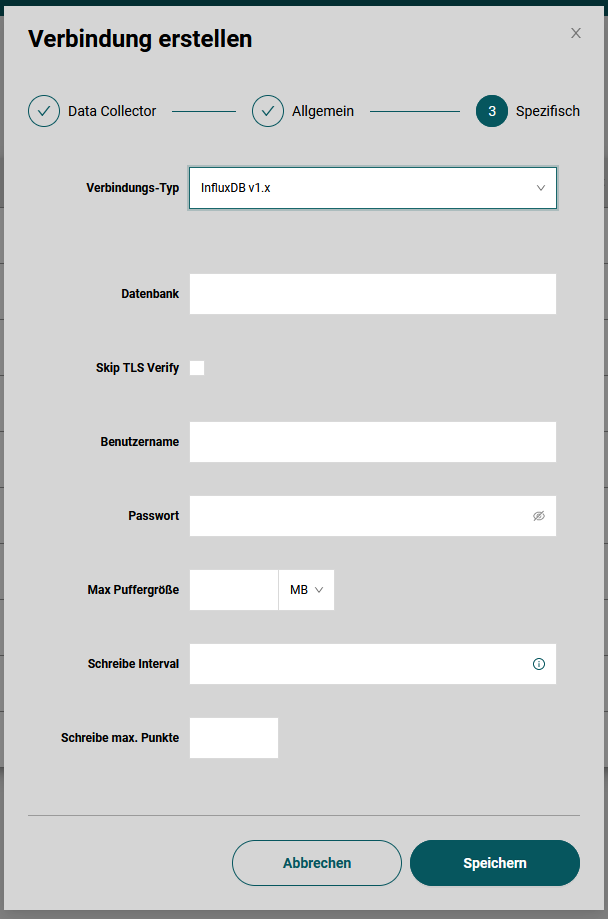 Einstellungen für Influx Verbindungen