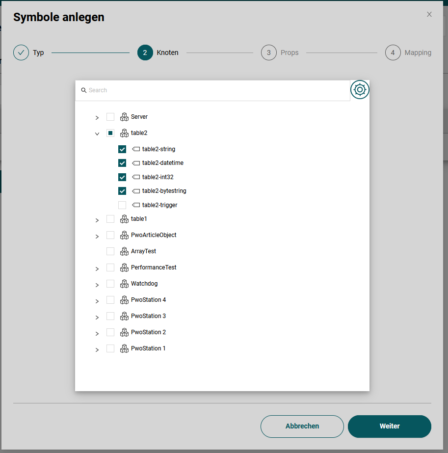 Auswahl der OPC UA Datenknoten