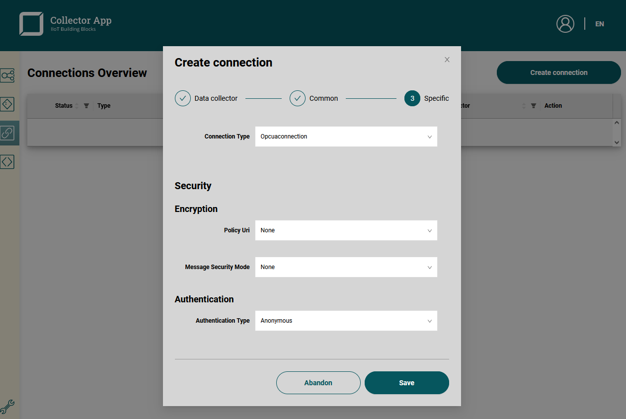 Settings for the OPC UA connection